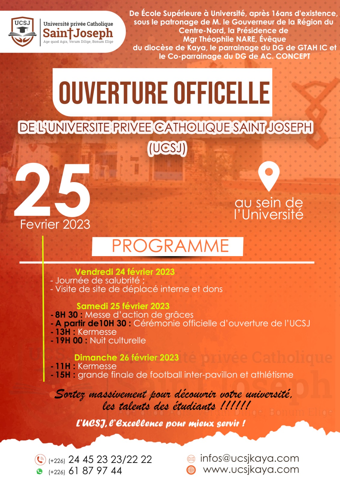 PROGRAMME DE L'OUVERTURE OFFICIELLE DE L'UNIVERSITE PRIVEE CATHOLIQUE SAINT JOSEPH (UCSJ) DE KAYA